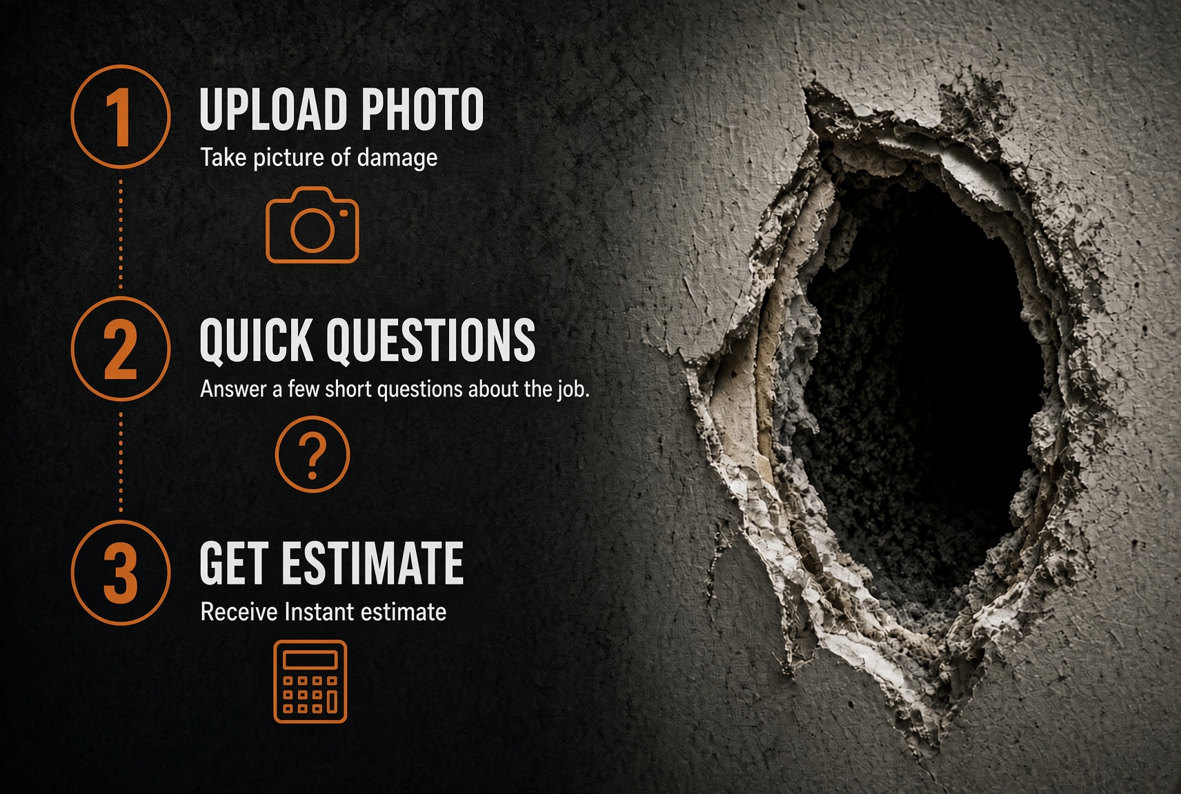 Three-step drywall estimate process from photo to quote